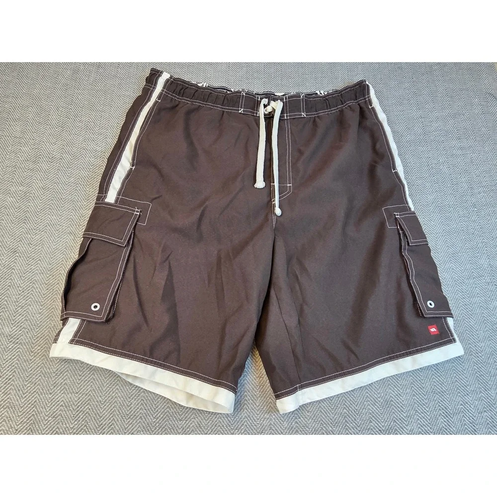Tony Hawk Mens XL Brown White Side Stripe Cargo Board Shorts Swim Trunks Mesh